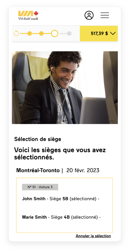 Représentation visuelle de la page principale des Options de voyage avec un récapitulatif des sièges sélectionnés. 